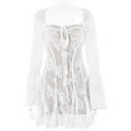 Elegante abito bianco in pizzo aderente con maniche lunghe a campana e bordo a balze - S / Bianco
