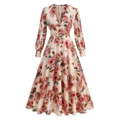 Elegante abito a maniche lunghe con scollo a V e stampa di rose rosse e farfalle in albicocca - S / Floreale Bianco Sporco