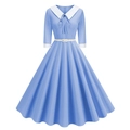 Detail of light blue vintage dress featuring white lapel collar and matching bow tie - S / Blue