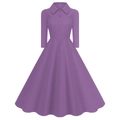 Detail view of the Peter Pan collar and button accents on the vintage purple A-line dress - S / Purple