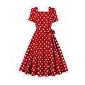 Vintage red polka dot dress with square neck and tie waist for a 1950s elegant style - S / Red