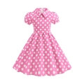 Detailed back view of a pink polka dot girl's dress featuring an invisible zipper and Peter Pan collar - S (120) / Rose Red