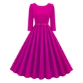 Detail of magenta pleated A-line dress with three-quarter sleeves and matching waist belt - S / Rose Red