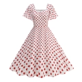 Detail view of red heart print on white fabric with square neckline and ruffled sleeves - S / White