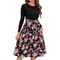 Elegantes langärmliges Kleid mit schwarzem Oberteil und Rock mit rosa Blumenmuster - S / Schwarz