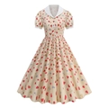 Detalle del vestido vintage con estampado de corazones, cuello blanco y botones - S / Pétalo Albaricoque