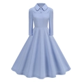 Detail view of light blue vintage dress with Peter Pan collar and waist-cinching design - S / Blue