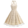 Broderie détaillée de fleurs roses et vignes vertes sur robe licou en tulle beige - S / Abricot