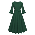 Detail van donkergroene retro jurk met V-hals, dubbele klokmouwen en een ceintuur - S / Groen