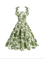 Detail of vintage white dress with green floral print, square neck and shoulder ties - S / Green