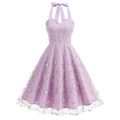 Detail of floral embroidery on lavender mesh fabric of a sleeveless evening gown - S / Purple