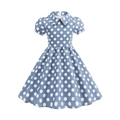 Detail of light blue polka dot girl dress featuring Peter Pan collar and puff sleeves - S (120) / Light Blue