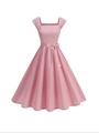 Detail view of pink vintage A-line dress featuring square neck and waist ribbon bow - L / Pink