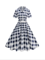 Elegante abito a camicia a quadri bianchi e blu retrò con cintura bianca e gonna a ruota - S / Quadri Blu