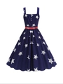 Navy blue star print sleeveless A-line dress with a contrasting red waist belt - Navy Blue Star (Floral 1)