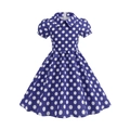 Détails de la robe à pois bleu roi pour fille avec un col Claudine classique - S (120) / Bleu foncé