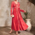 Elegant red long sleeve maxi dress with beige floral embroidery and silky satin finish - S / Red