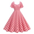 Close-up of pink A-line dress with red heart print and heart-shaped neckline detail - S / Rose Red