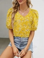 Detail of yellow floral V-neck top with puff sleeves and summer bohemian vibes - XS / Yellow 1
