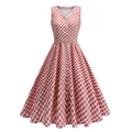Detail of red and white plaid dress featuring scallop trim V-neck and heart buttons - S / Red