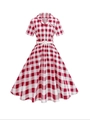 Elegante abito retrò a quadretti bianchi e rossi con risvolto classico e sottile cintura bianca - S / Griglia rosa