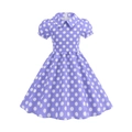 Flat lay of a girls lavender polka dot cotton dress with a white Peter Pan collar - S (120) / Purple