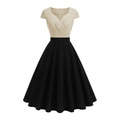 Close-up of vintage V-neck bodice with pleated detail and short sleeves on A-line dress - S / Khaki