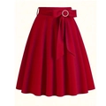 Red high waisted A-line skirt featuring a bow belt and a sparkling rhinestone buckle - S / Red