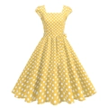 Vue détaillée d'une robe vintage jaune à pois blancs avec ceinture à nœud élégante - S / Jaune