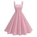 Detailed view of the pink gingham dress featuring a square neckline and wide shoulder straps - Pink