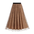 A-line mesh midi skirt with heart flocking and elastic waist on white background - S / Khaki
