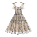 Detail of floral embroidery on beige tulle dress with elegant satin bow straps - S / Purple