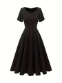Elegante zwarte A-lijn jurk met V-hals, ruchesmouwen en hoge taille in retro stijl - S / Zwart