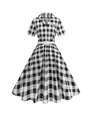 Robe vichy vintage noire et blanche à manches courtes avec col à revers et ceinture - S / Grille Noire