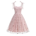 Detalle del vestido de princesa rosa claro con bordado floral y tirantes con lazo - S / Rosa