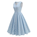 Elegant blue gingham V-neck sleeveless midi dress with lace trim and heart-shaped buttons - S / Blue