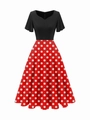Retro V-neck polka dot dress with black bodice and a flared red A-line skirt - S / Red