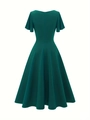 Elegante donkergroene A-lijn maxi-jurk met V-hals en ruffelmouwen in vintage stijl - S / Groen
