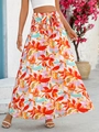 Detail der gerafften elastischen Taille und Blumenmuster auf dem A-Linien-Maxirock - S / Orange