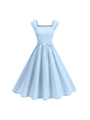 Elegant sleeveless light blue cotton dress with square neck and vintage A-line bow waist - S / Light Blue