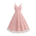 Elegant light pink V-neck mesh midi dress featuring 3D butterfly appliqués and a-line skirt - S / Pink