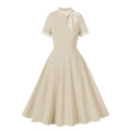 Vintage Hepburn style beige A-line dress with gingham collar and side bow detail - S / Apricot