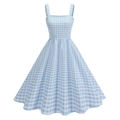 Close-up of vintage blue and white gingham dress with square neck and A-line skirt - Blue