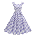 Detail of the vintage purple gingham dress featuring a waist-defining bow and A-line hem - S / Purple Plaid