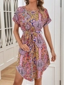 Elegant Paisley print V-neck dress with flared sleeves and a high-low hem design - S / As Shown