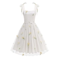 Detail of delicate yellow floral embroidery on white tulle dress with adjustable tie straps - S / White