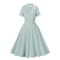 Vintage mint green Audrey Hepburn style dress with plaid bow and A-line skirt - S / Light Green