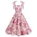 Retro zomerjurk met roze bloemenprints en schouderbandjes met strikjes in wit - S / Roze