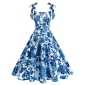 Elegant blue and white floral vintage A-line dress with bow shoulder straps - S / Blue