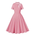 Pink Hepburn style retro dress with plaid collar and flared silhouette on white background - S / Pink